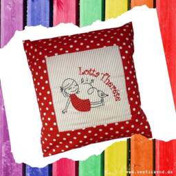 Embroidered Pillow Girl With Bird + Name /Red - Natural/ 40x40 Pillowcase Gift Cuddly Name - 34 - thumbnail 3