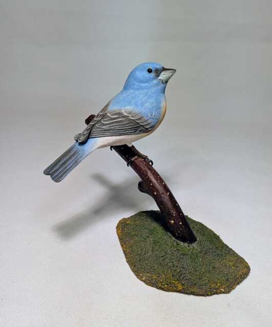 Lazuli Bunting On Branch Hand Carved Wooden Bird - image 1