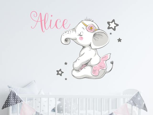 Elephant Name Wall Decal. Watercolor Girl Sticker. Baby Nursery Vinyl Decals. Ballerina Ballet Dancing R54 - image 1