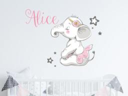 Elephant Name Wall Decal. Watercolor Girl Sticker. Baby Nursery Vinyl Decals. Ballerina Ballet Dancing R54 - thumbnail 1