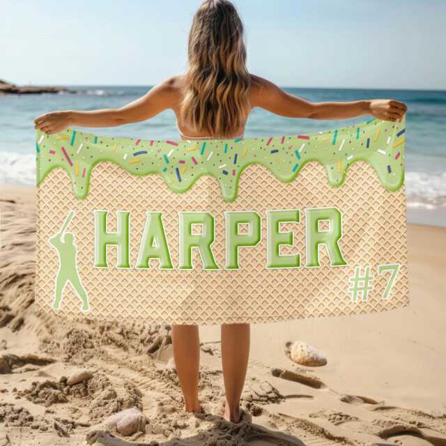 Personalized Ice Cream Drip Baseball Beach Towel For Boys, Oversized Custom Monogram Pool Towel, Kids, Vacation Gift - image 1