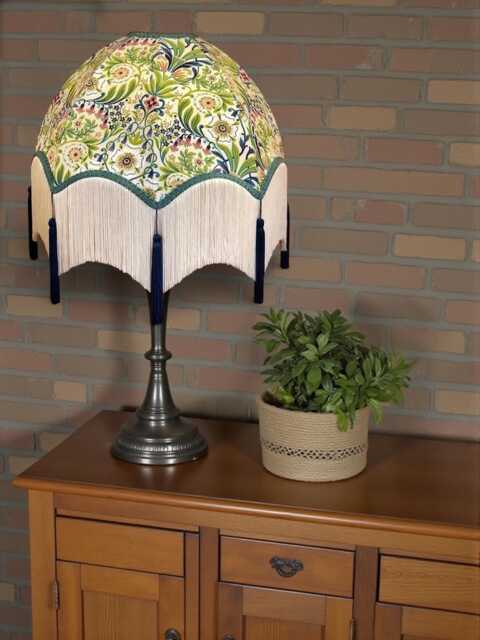 William Morris Natural Floral Curtains Fabric Dome Lampshade Slate Blue Braid, Cream Fringe & Navy Tassels, Bespoke British Made - image 1