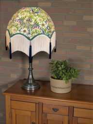 Handcrafted William Morris Floral Fabric Dome Lampshade Slate Blue Braid, Cream Fringe, Navy Tassels, British Made