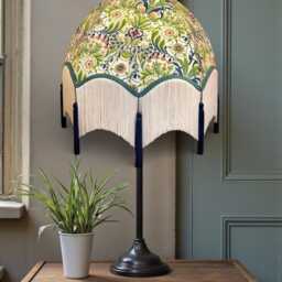 William Morris Natural Floral Curtains Fabric Dome Lampshade Slate Blue Braid, Cream Fringe & Navy Tassels, Bespoke British Made - thumbnail 3