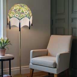William Morris Natural Floral Curtains Fabric Dome Lampshade Slate Blue Braid, Cream Fringe & Navy Tassels, Bespoke British Made - thumbnail 2
