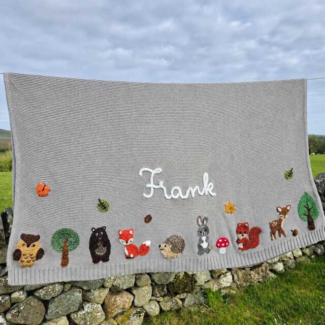 Woodland Theme Baby Name Blanket, Hand Embroidered Personalised Cotton Blanket Keepsake Heirloom Christening Gift - image 1