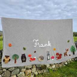 Woodland Theme Baby Name Blanket, Hand Embroidered Personalised Cotton Blanket Keepsake Heirloom Christening Gift