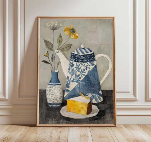 Modern Still Life Art Print, Blue Teapot & Cake Wall Art, Kitchen Decor Poster, Botanical Illustration, Cozy Home Artwork - image 1