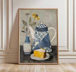 Modern Still Life Art Print, Blue Teapot & Cake Wall Art, Kitchen Decor Poster, Botanical Illustration, Cozy Home Artwork - thumbnail 1