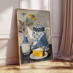 Modern Still Life Art Print, Blue Teapot & Cake Wall Art, Kitchen Decor Poster, Botanical Illustration, Cozy Home Artwork - thumbnail 2