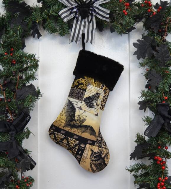 Handmade Gothic Bat Christmas Stocking, Black Faux Fur Cuff - image 1