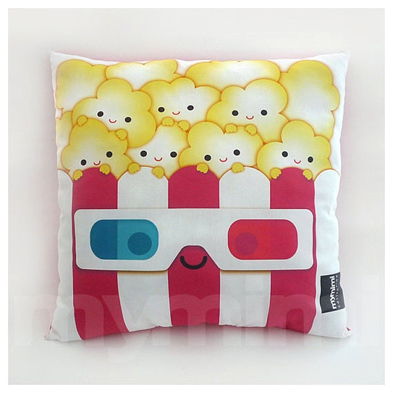 Kawaii Popcorn Pillow With 3D Glasses Movie Night Decor