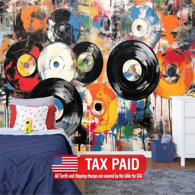 Wallpaper, Grunge Vinyl Records Wall Mural, Generative Ai Pop Art Decal - image 1
