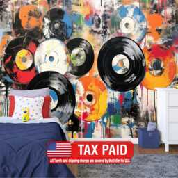 Wallpaper, Grunge Vinyl Records Wall Mural, Generative Ai Pop Art Decal - thumbnail 1