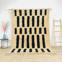 Beige Moroccan Berber Rug With Black Striped Pattern, Handmade Wool Shag Rug, Tribal Style Carpet, 9x12 Living Room - thumbnail 1
