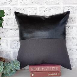 Black Faux Leather Pillow Cover Anthracite Linen Look Fabric