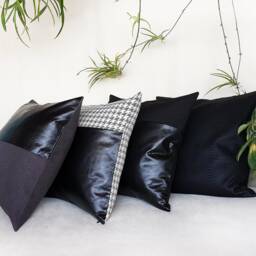 Black Faux Leather Pillow Cover Anthracite Linen Look Fabric - thumbnail 4