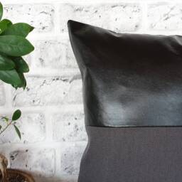 Black Faux Leather Pillow Cover Anthracite Linen Look Fabric - thumbnail 2