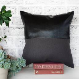 Black Faux Leather Pillow Cover Anthracite Linen Look Fabric - thumbnail 3