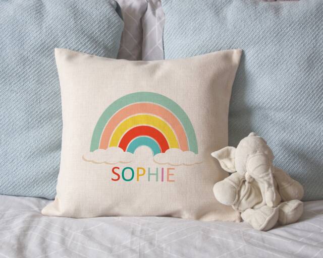 Personalised Rainbow Cushion Cover, Name Linen Style Home Decor Cushion, Children's Gift - image 1
