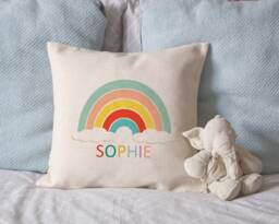 Personalised Rainbow Cushion Cover, Name Linen Style Home Decor Cushion, Children's Gift - thumbnail 1
