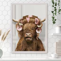 Highland Cow in Hair Curlers Print, Bathing, Funny Bathroom Animal Toilet Art, Rollers, Bath, Whimsy - thumbnail 3