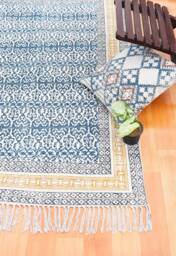 Indigo Blue Hand Block Print Cotton Rug, Floral Damask Pattern Area Traditional Indian Dhurrie