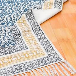 Indigo Blue Hand Block Print Cotton Rug, Floral Damask Pattern Area Traditional Indian Dhurrie - thumbnail 2