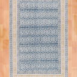 Indigo Blue Hand Block Print Cotton Rug, Floral Damask Pattern Area Traditional Indian Dhurrie - thumbnail 3