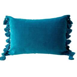 Teal Blue Velvet Lumbar Pillow, Oblong Cushion With Tassel Trim - thumbnail 2