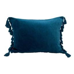 Teal Blue Velvet Lumbar Pillow, Oblong Cushion With Tassel Trim - thumbnail 4
