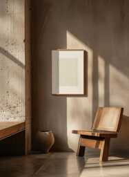 Minimalist Geometric Embroidery Textured Art Framed Modern Textile Wall Hanging, Oak Tapestry, Neutral Tones Zen Artwork - thumbnail 1