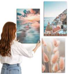 3 Piece Canvas Set - Sea View Sunset Colorful Houses Flowers, Turquoise Picture Print, Landscapes Wall Decor - thumbnail 3