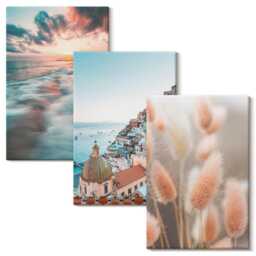 3 Piece Canvas Set - Sea View Sunset Colorful Houses Flowers, Turquoise Picture Print, Landscapes Wall Decor - thumbnail 2