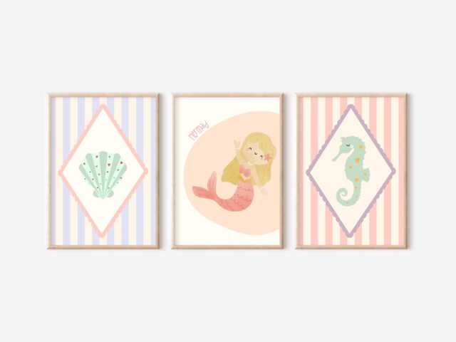 Bright Pastel Ocean, Mermaid & Shell Themed Prints For A Nursery, Little Girls Room Or Playroom. - Prints Only, Unframed - image 1