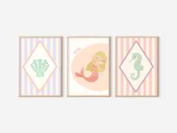 Bright Pastel Ocean, Mermaid & Shell Themed Prints For A Nursery, Little Girls Room Or Playroom. - Prints Only, Unframed - thumbnail 1
