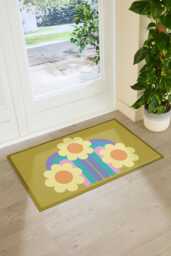 Elizabeth Olwen Three Flowers Indoor Outdoor Doormat - Botanical Entrance Rug Retro Floral Decor Housewarming Gift 90x60cm