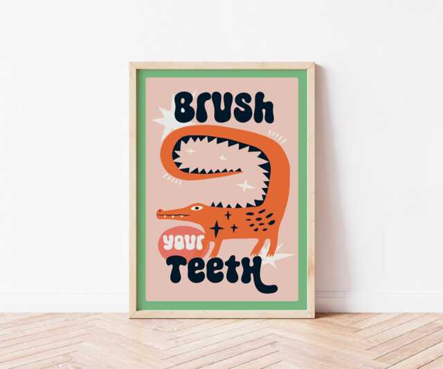 Brush Your Teeth Bathroom Print, Fun Crocodile Toilet Wall Art, Funny Poster, Funky Home Decor, Maximalist, Trendy, Colourful Animal Art - image 1