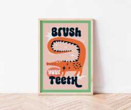 Brush Your Teeth Bathroom Print, Fun Crocodile Toilet Wall Art, Funny Poster, Funky Home Decor, Maximalist, Trendy, Colourful Animal Art - thumbnail 1