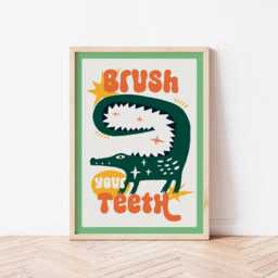 Brush Your Teeth Bathroom Print, Fun Crocodile Toilet Wall Art, Funny Poster, Funky Home Decor, Maximalist, Trendy, Colourful Animal Art - thumbnail 3