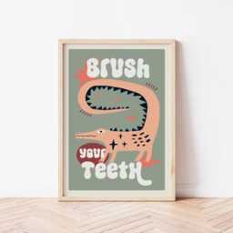 Brush Your Teeth Bathroom Print, Fun Crocodile Toilet Wall Art, Funny Poster, Funky Home Decor, Maximalist, Trendy, Colourful Animal Art - thumbnail 2