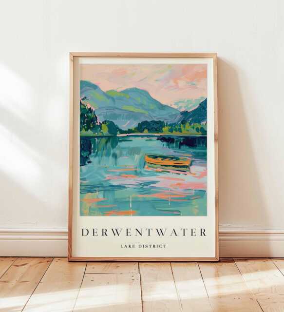 Derwentwater Lake District Print Cumbria Travel Poster, UK Wall Art - image 1
