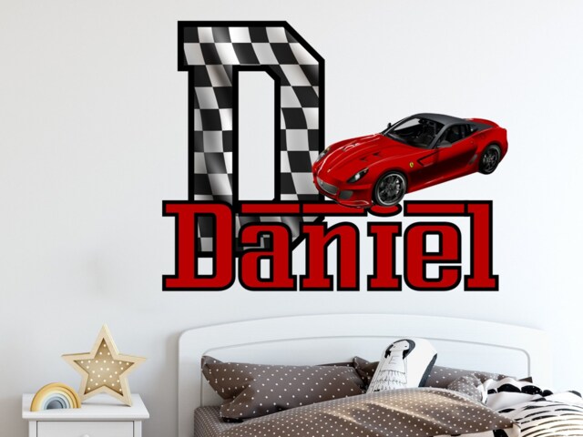 Race Car Personalize Name Wall Decal. Emblem Car. Checkered Flag Boys Room Decor. Ferrari Themed Racing Nursery Sticker R118 - image 1