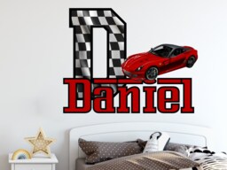 Race Car Personalize Name Wall Decal. Emblem Car. Checkered Flag Boys Room Decor. Ferrari Themed Racing Nursery Sticker R118 - thumbnail 1
