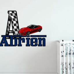 Race Car Personalize Name Wall Decal. Emblem Car. Checkered Flag Boys Room Decor. Ferrari Themed Racing Nursery Sticker R118 - thumbnail 3