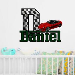 Race Car Personalize Name Wall Decal. Emblem Car. Checkered Flag Boys Room Decor. Ferrari Themed Racing Nursery Sticker R118 - thumbnail 2