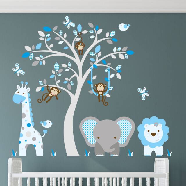 Safari Nursery Wall Decals, Turquoise Blue Grey Jungle Animals - image 1