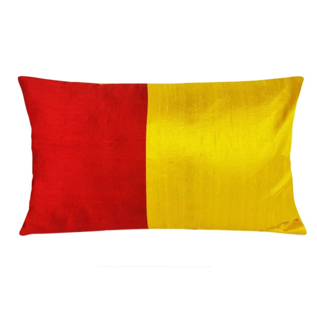 Handmade Colorblock Silk Lumbar Pillow Cover - Yellow & Red - image 1