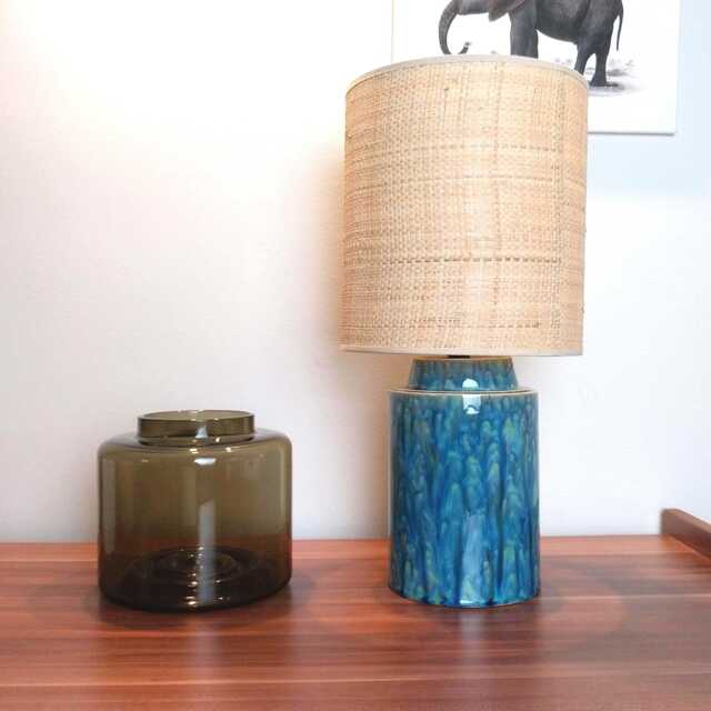 Tall Handglazed Crystalline Ceramic Lamp With Raffia Shade