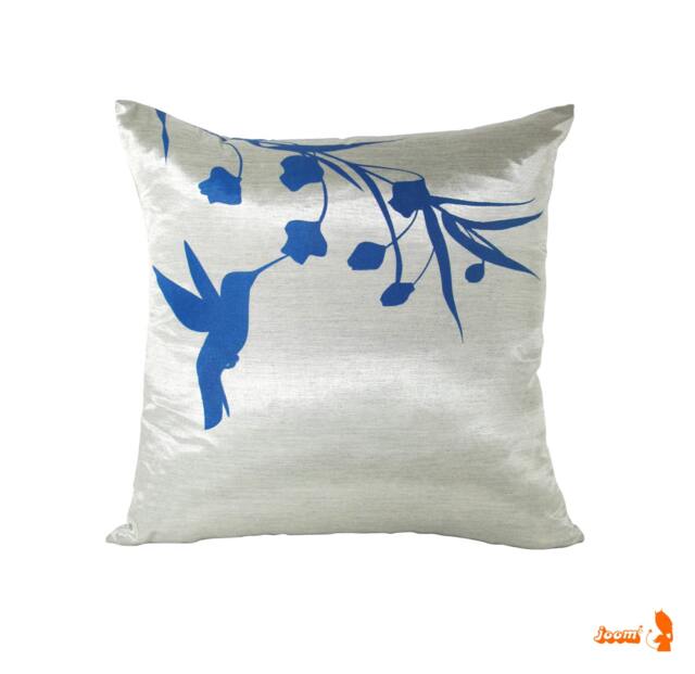 Silver Grey Hummingbird Pillow Cover Navy Blue Silkscreened Silk, 16 - image 1